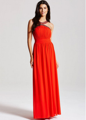 Dark Orange Halter Neckline Long Prom Dress
